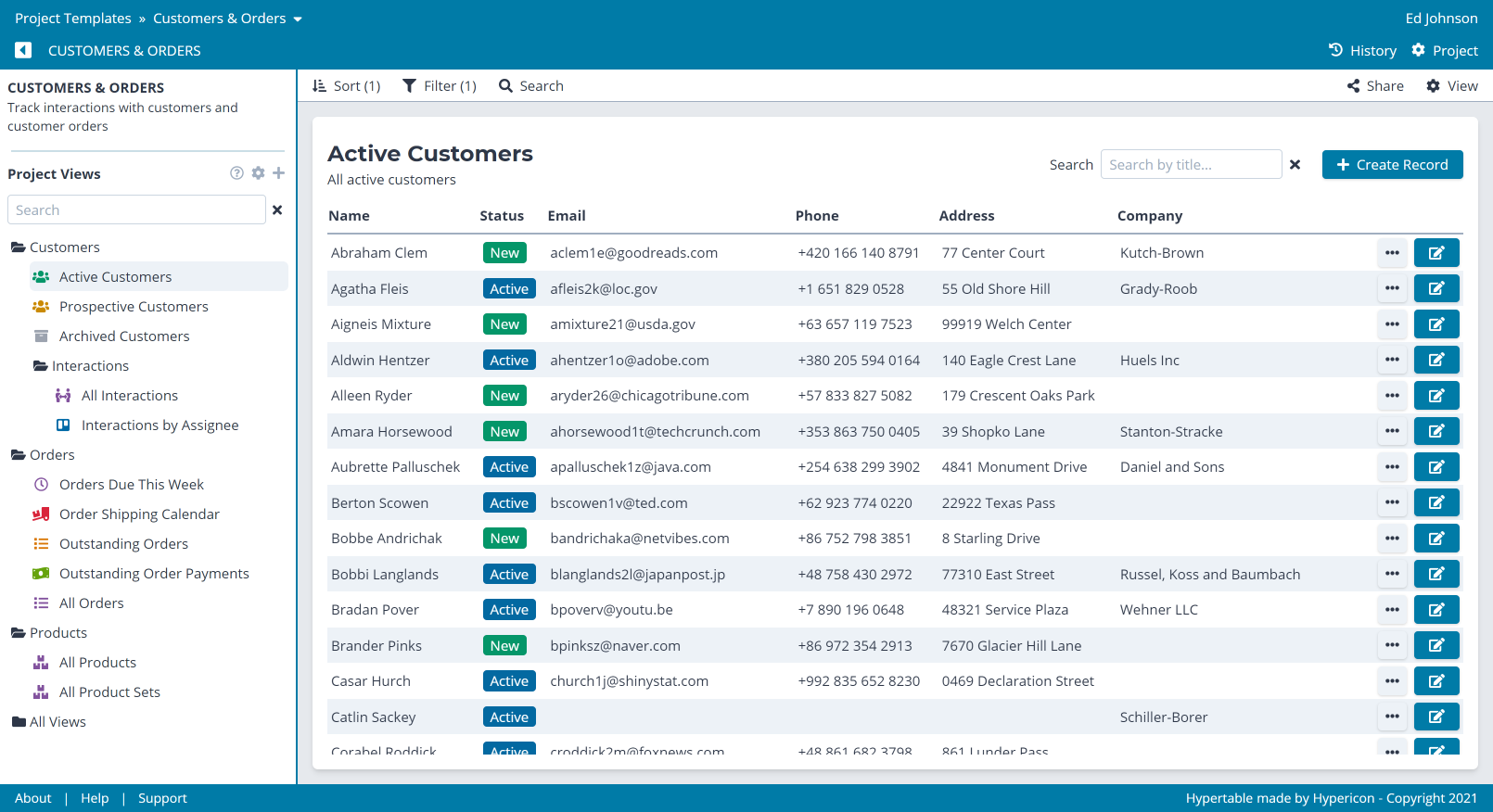 Customers Project Hypertable screenshot